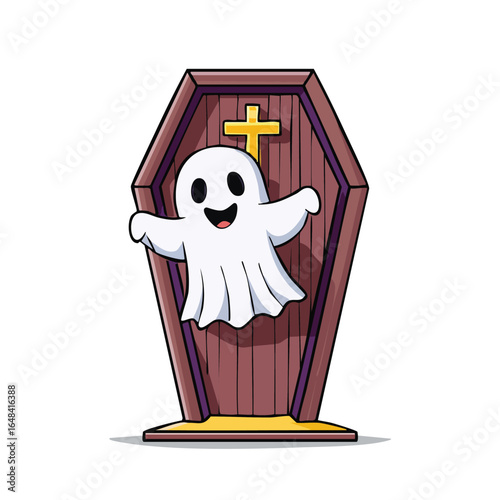 A cartoon ghost happily emerging from a wooden coffin with a golden cross.