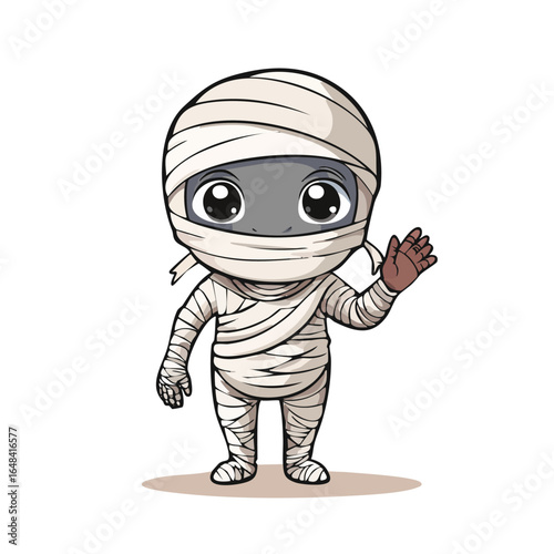 Cartoon illustration of a cute mummy character waving with a friendly and cheerful expression.