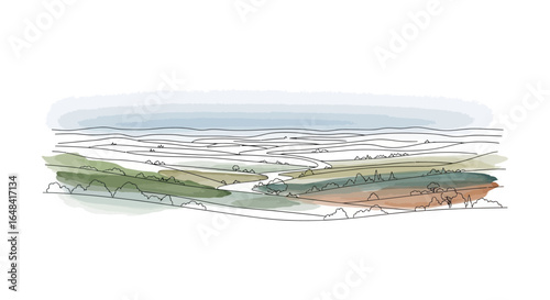 Watercolor painted landscape of serene hills and tranquil river illustration
