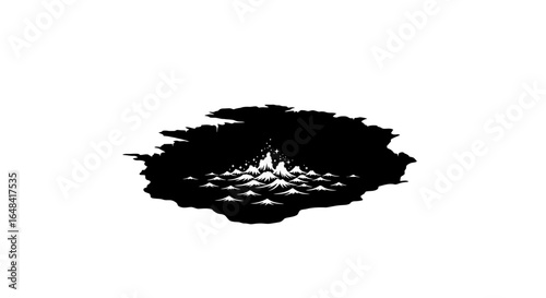 dramatic black and white illustration of a mountainous island emerging from turbulent seas ideal for branding print and website design projects seeking a bold artistic visual