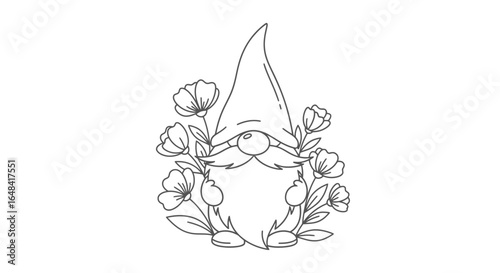 adorable line art gnome surrounded by flowers perfect for spring crafts childrens books or cute branding designs