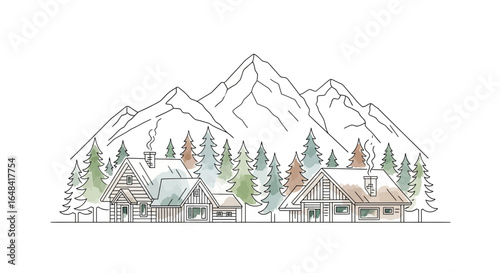 Watercolor winter mountain landscape with cozy cottages and pine trees
