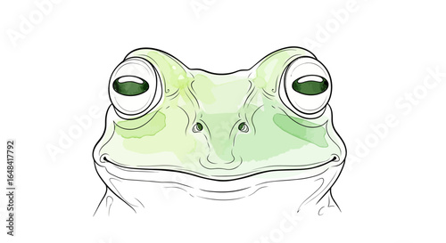 Whimsical Green Frog Portrait with Watercolor Details and Cartoon Style