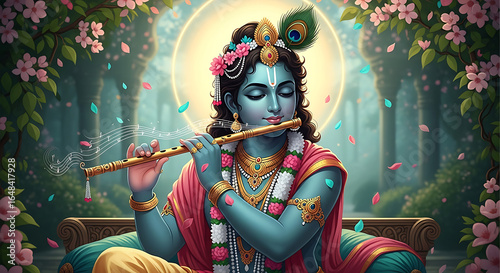 Krishna Playing Flute with Peacock Feather Adornment.