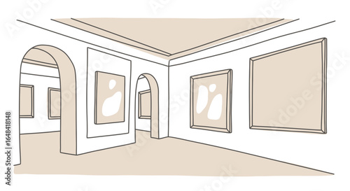 Minimalist Line Drawing: Art Gallery Interior with Archways and Paintings