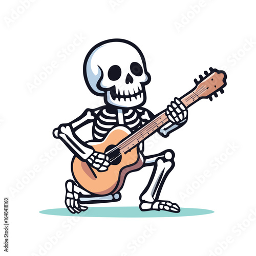 Cartoon skeleton playing an acoustic guitar with a cheerful and joyful expression.