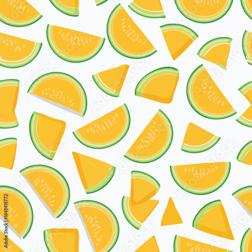 Vibrant and appetizing illustration of various cantaloupe melon slices scattered on a white background.