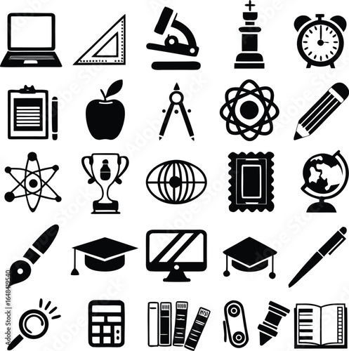 A Collection of Education and Learning Icons Depicting Various Subjects and Tools for Academic Pursuits and Intellectual Development
