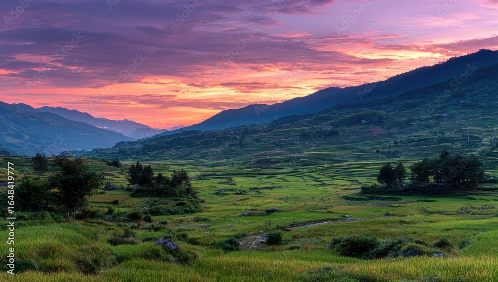 Obraz premium Mountain valley at sunset, vibrant colors