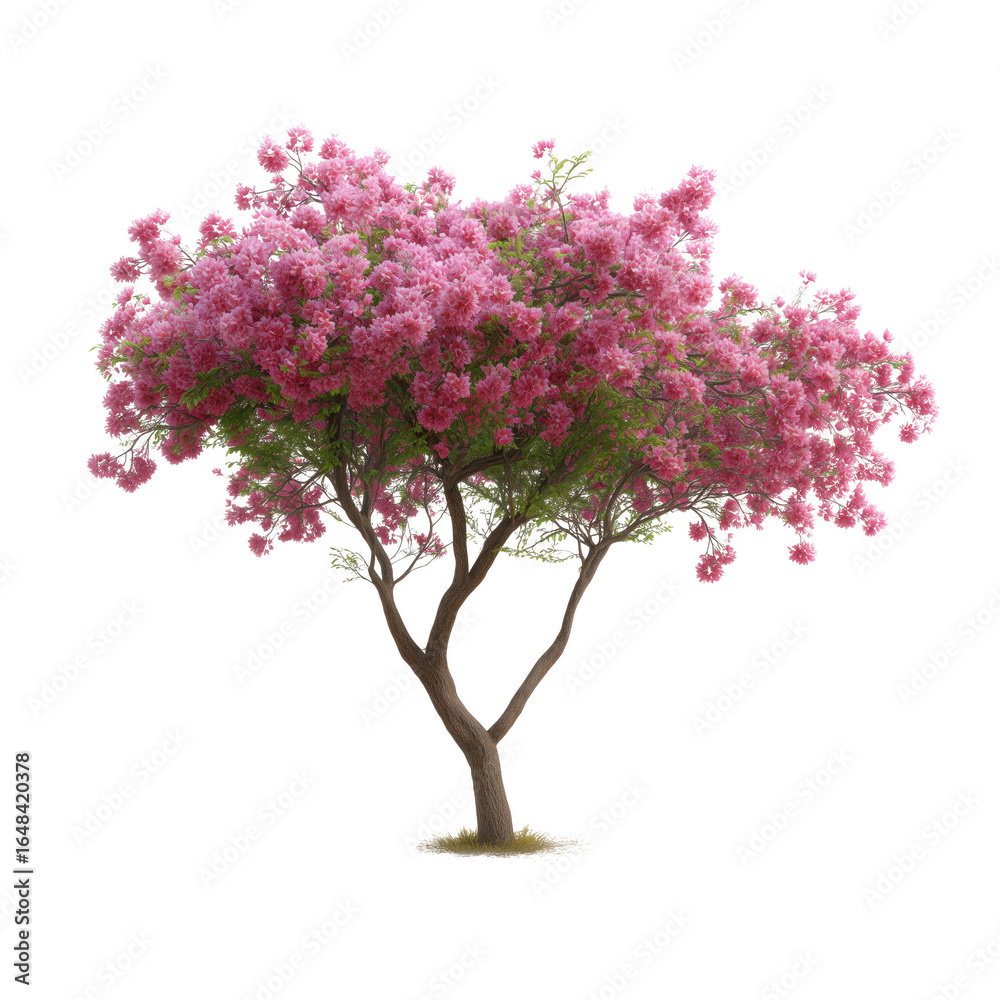 Fototapeta premium A majestic flowering tree blossoms in a vibrant display of pink and green, its branches reaching towards the sky in a celebration of spring. A striking image captures the beauty of nature.