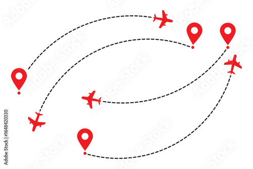 Minimalist airplane travel path with map pins. Dashed route line representing a plane journey, romantic trip, business travel, and flight routes. Destination map line icon, Location map path distance.