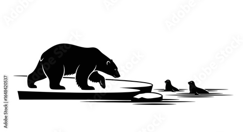 polar bear stalking seals on ice floe dramatic black and white wildlife illustration for nature documentaries arctic conservation campaigns and environmental awareness projects