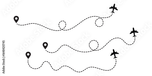 Minimalist airplane travel path with map pins. Dashed route line representing a plane journey, romantic trip, business travel, and flight routes. Destination map line icon, Location map path distance.