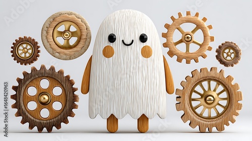 Adorable 3D Steampunk Ghost Character with Wooden Gears for Halloween