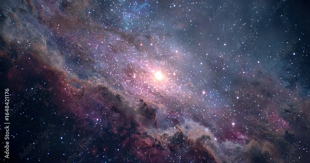 Obraz premium Cosmic nebula tapestry. Vast expanse of space, swirling clouds of gas and dust, vibrant colors, a central star, and countless stars scattered throughout