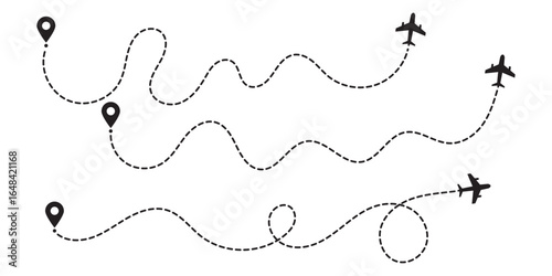 Minimalist airplane travel path with map pins. Dashed route line representing a plane journey, romantic trip, business travel, and flight routes. Destination map line icon, Location map path distance.