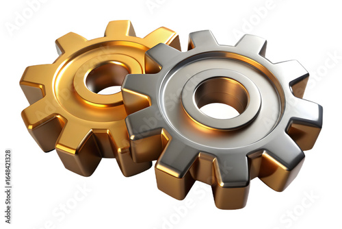 Two interlocking gears one gold one silver cogs machinery