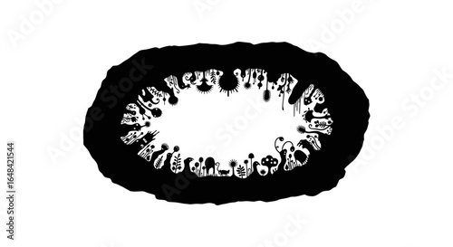black and white illustration enchanting secret world within an oval frame perfect for ecofriendly fantasy or mysterious designs