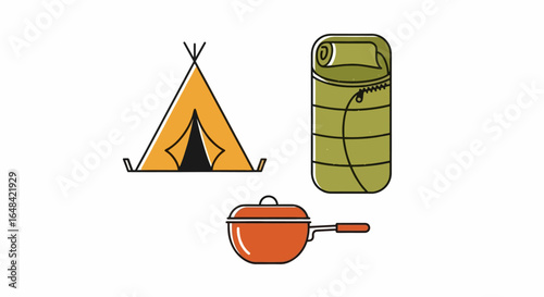 camping essentials tent sleeping bag and cooking pot simple line art icons for outdoor adventures travel blogs and camping gear websites