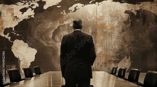 A man in a suit stands before a world map in a conference room with chairs and a large table