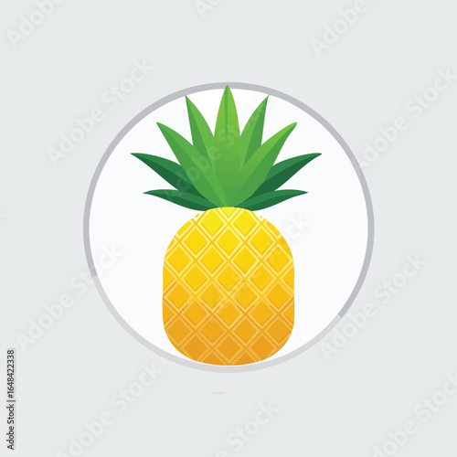 A detailed illustration of a ripe pineapple with green leaves, set inside a white circle.