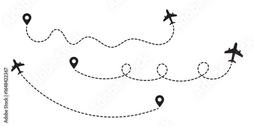 Minimalist airplane travel path with map pins. Dashed route line representing a plane journey, romantic trip, business travel, and flight routes. Destination map line icon, Location map path distance.