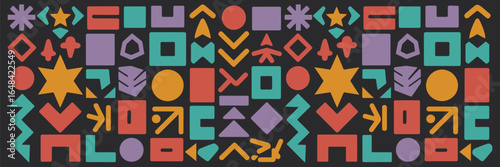 Abstract geometric pattern with colorful shapes and symbols on a dark background. Vector illustration for modern design.