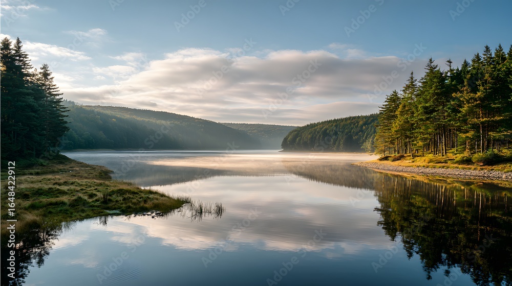 Obraz premium Calm lake reflecting a tranquil sunrise over a forested shoreline.