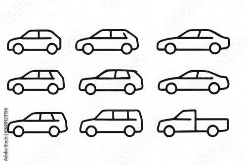 Transportation Variety: A minimalist illustration showcases a diverse array of car outlines, symbolizing the world of vehicles, designs and urban movement. 