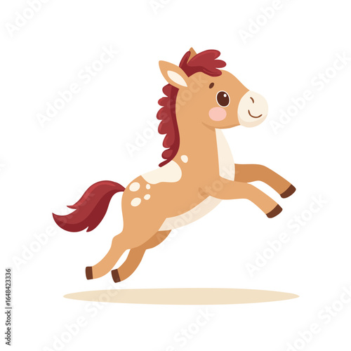 A cute cartoon illustration of a brown and white horse jumping happily with a red mane and tail.