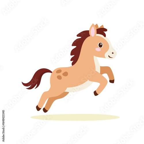A cute cartoon illustration of a light brown horse with a dark brown mane and tail jumping.