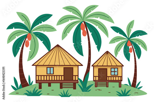 Cartoon Tropical Beach Hut Homes, Palm Trees, Greenery, Vacation Getaway, Island Life