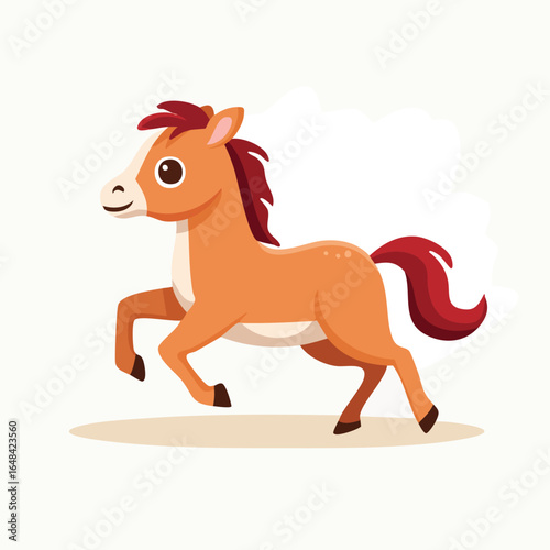 A charming cartoon illustration of a brown horse with a red mane and tail, running happily.