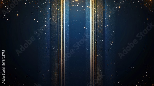 Abstract blue light stripe vertical lines light on dark blue background with gold lighting effect sparkle. Luxury template celebration award design