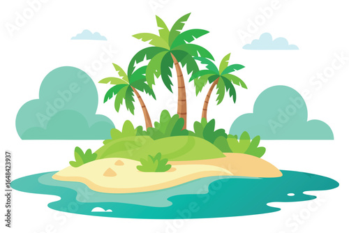 Cartoon Tropical Island with Palm Trees, Green Bushes, and Turquoise Water