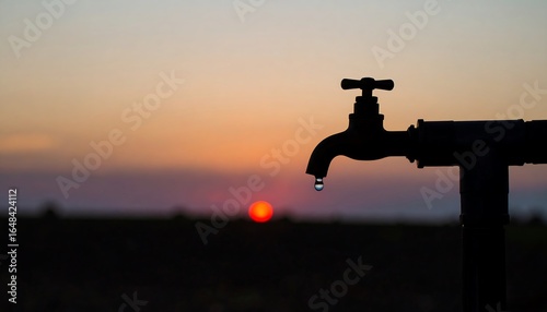 Silhouette of a dripping faucet at sunset