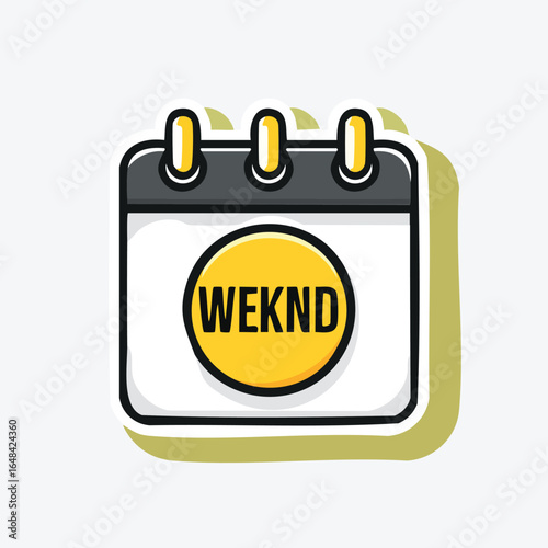 Cartoon illustration of a calendar page with the word 'WEKND' inside a yellow circle.
