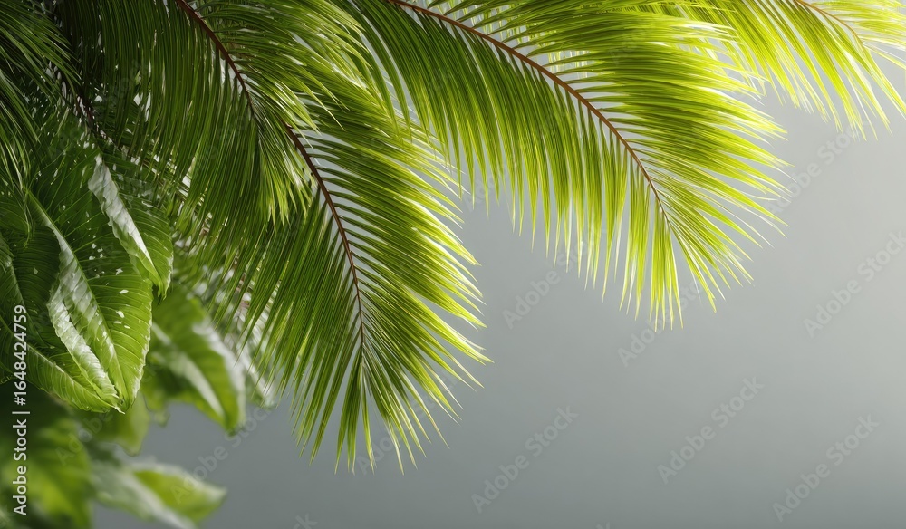 Naklejka premium Lush green palm fronds against a grey backdrop