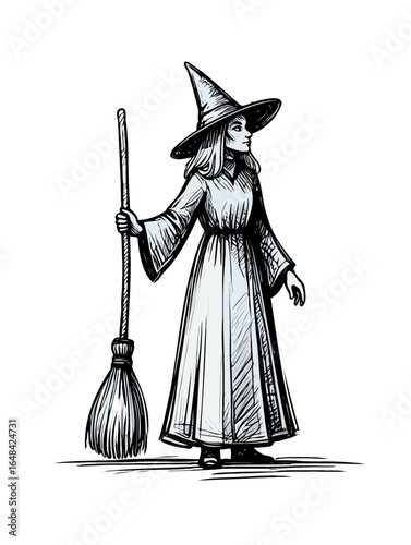 Halloween Witch in Motion Ink Sketch Illustration