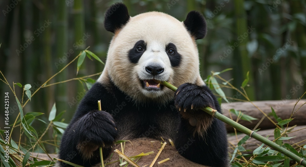 Obraz premium A cute and adorable panda is greedily eating a bamboo shoot. The panda holds the bamboo shoot in its paws, its mouth open as it chews.