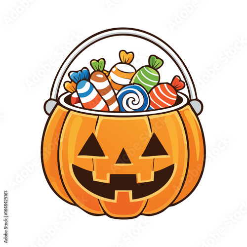A cartoon illustration of a pumpkin-shaped candy bucket filled with various colorful candies.