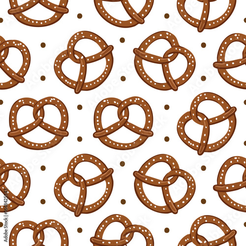 Seamless pattern of brown pretzels with salt on a white background, perfect for food-related designs.