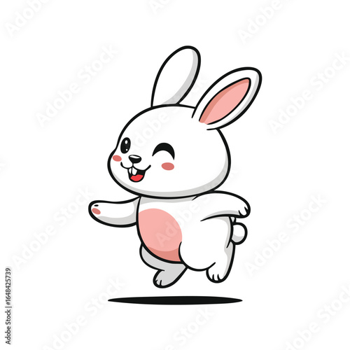 Cartoon illustration of a happy white bunny rabbit winking and running with a joyful expression.