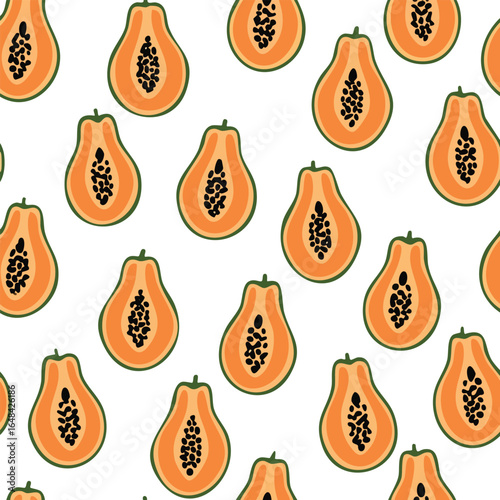 Seamless pattern of papaya halves with orange flesh and black seeds on a white background.