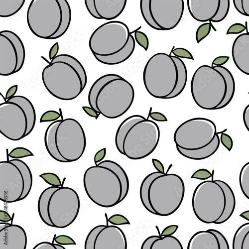 Seamless pattern of stylized plums with leaves, arranged in a repeating design on a white background.