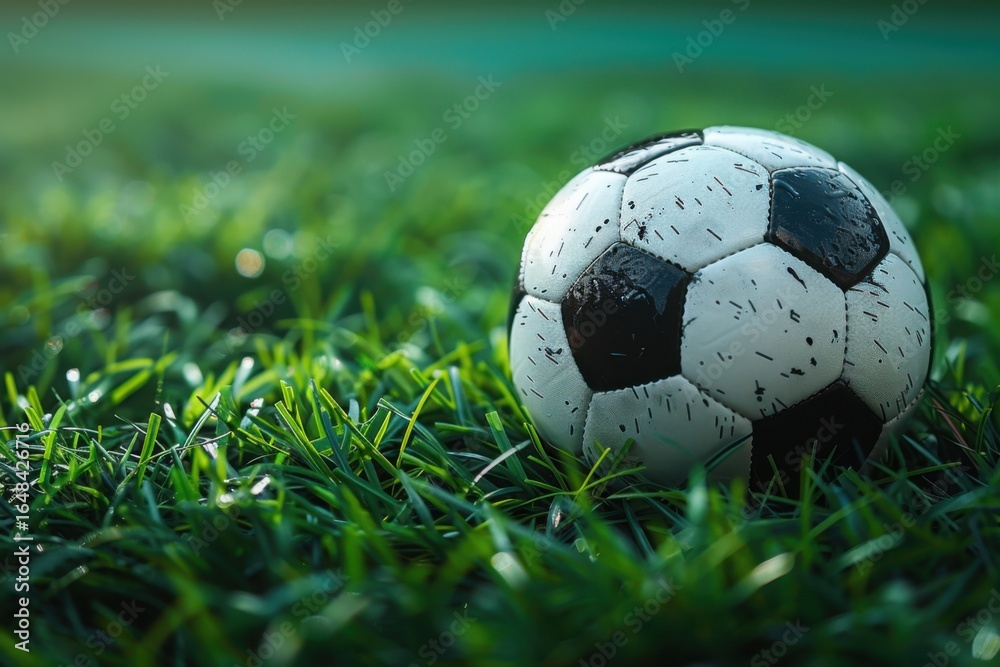 Fototapeta premium A soccer ball resting on a vibrant green grass surface field