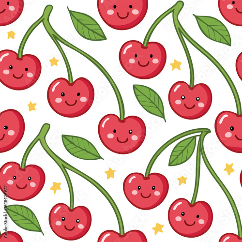 Seamless pattern featuring cheerful red cherries with smiling faces, green stems, and leaves, set against a white background.