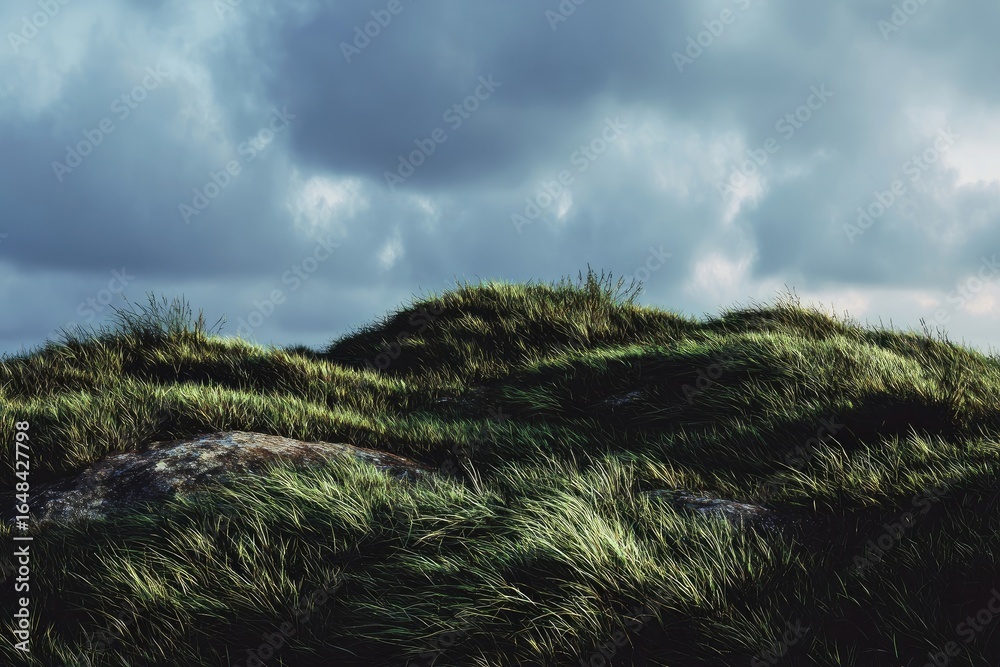 Naklejka premium Lush grassy hills under a stormy sky