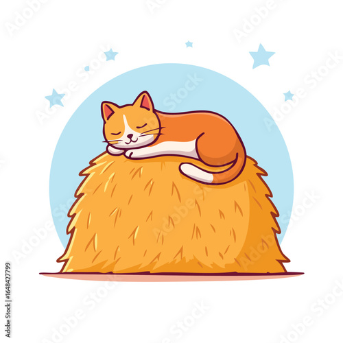 A cute cartoon cat sleeping peacefully on top of a haystack under a light blue sky.