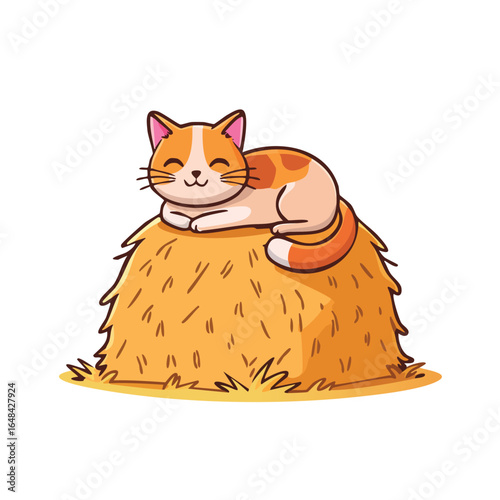 A cute cartoon cat with orange and white fur is relaxing on top of a haystack.